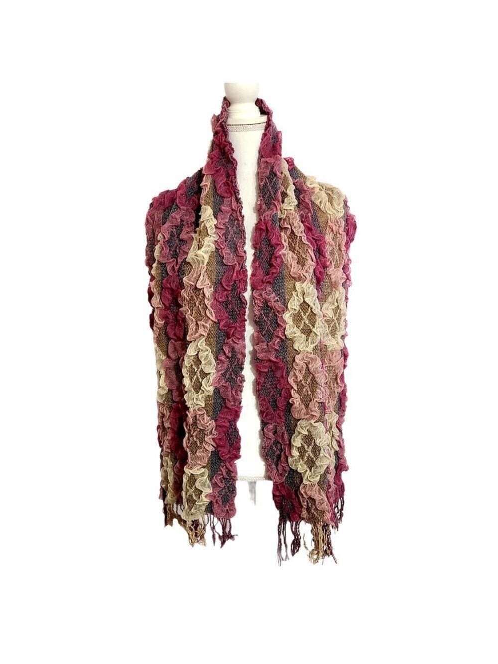 Multicolor Pink, Cream Ruffled Lace Scarf